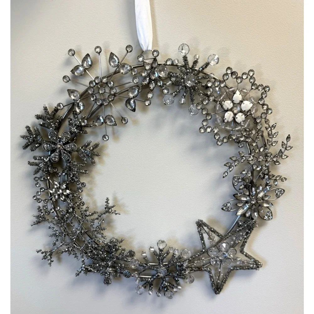 Pottery Barn Jeweled Wreath Silver Metal Snowflake Crystal Christmas 17